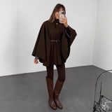 Winter Elegant Style Solid Color Waist Tight Woolen Cape Coat Mid-length