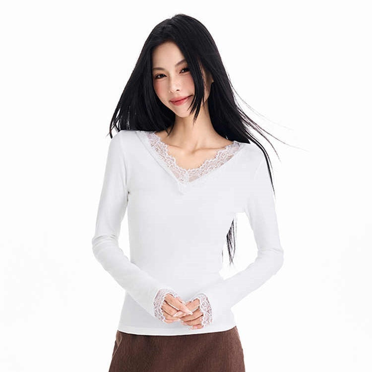 Pure Desire Style Lace V-neck Patchwork Long-sleeved T-shirt For Women