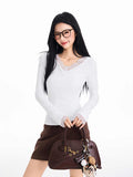 Pure Desire Style Lace V-neck Patchwork Long-sleeved T-shirt For Women