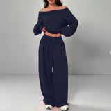Women's Fashion Slim-fit Off-the-shoulder Navel Solid Color Casual Pants Suit