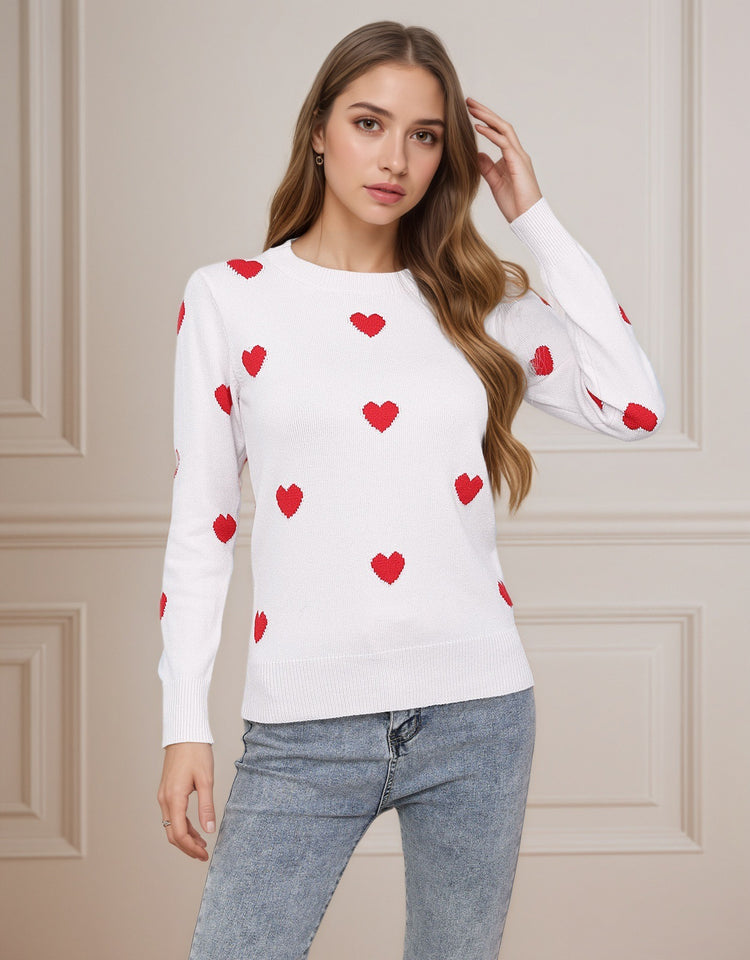 Women's Heart Jacquard Round Neck Pullover Sweater