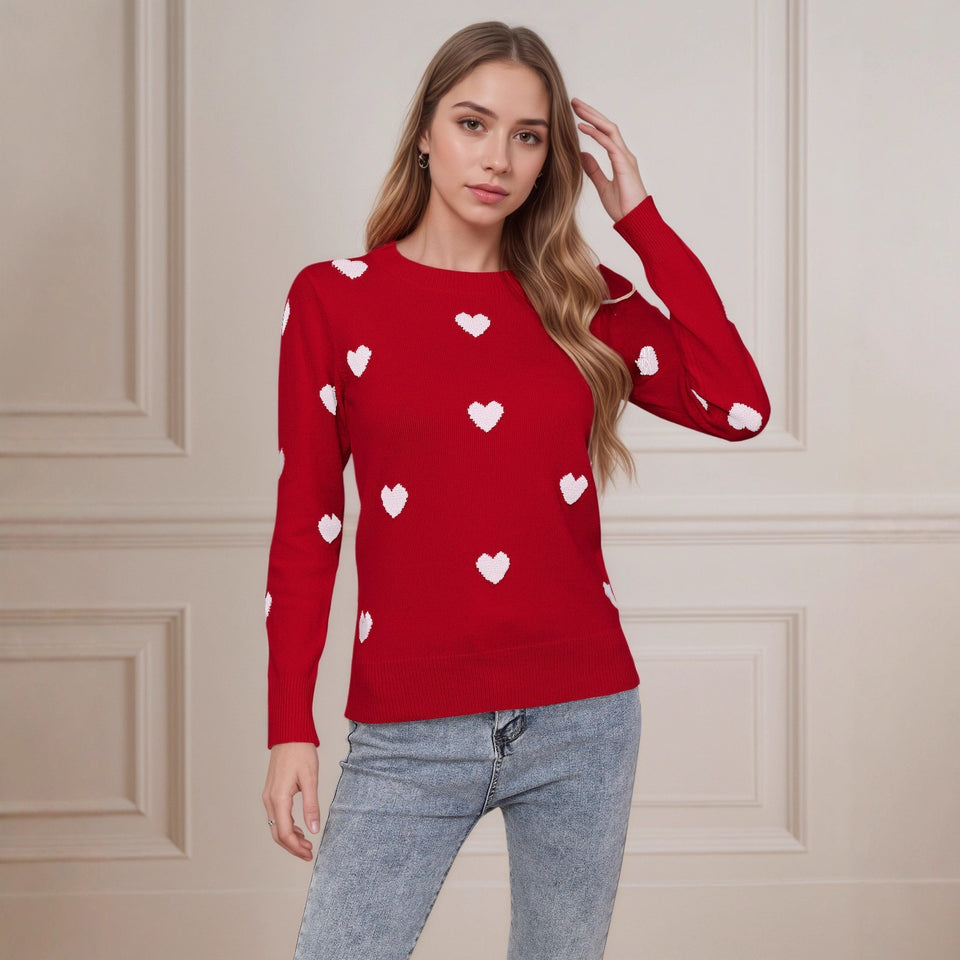 Women's Heart Jacquard Round Neck Pullover Sweater