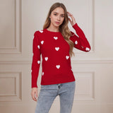 Women's Heart Jacquard Round Neck Pullover Sweater