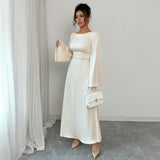 Elegant Graceful Style Waist Solid Color Long Sleeve Dress