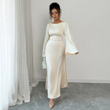 Elegant Graceful Style Waist Solid Color Long Sleeve Dress