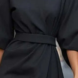 Plus Size Women's Elegant Solid Color Round Neck Mid-Sleeve Maxi Dress Waist-Defining Pleated Design For Office, Party, Wedding Guest