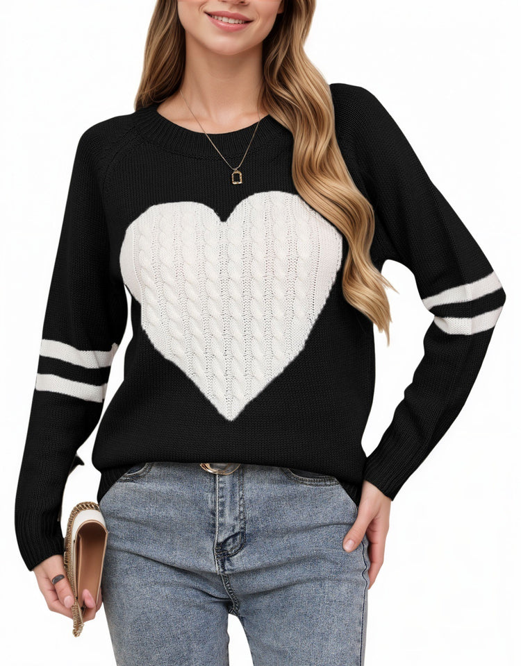 Women's Heart-shaped Jacquard Knitted Round Neck Sweater Top