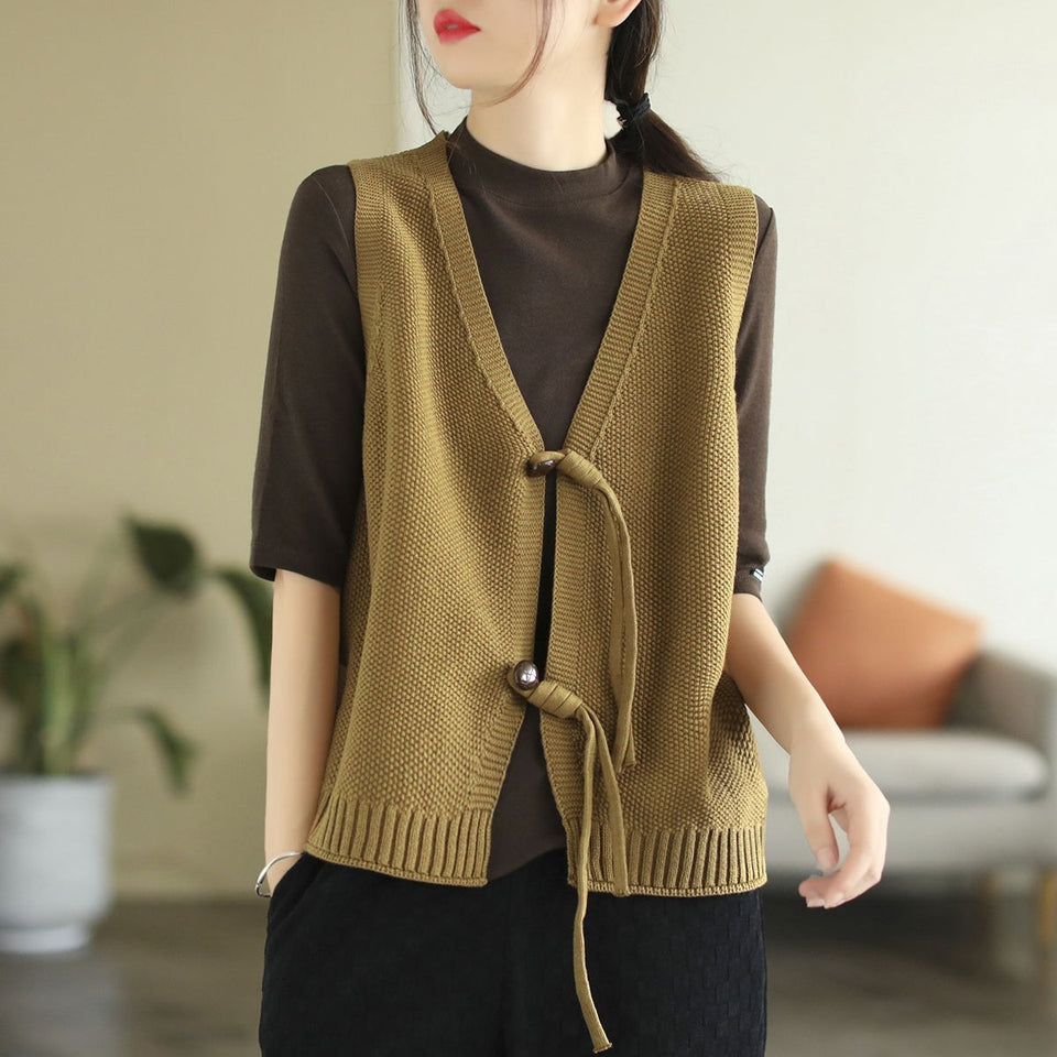 Retro Style Green Buckle Chinese Style Vest Coat