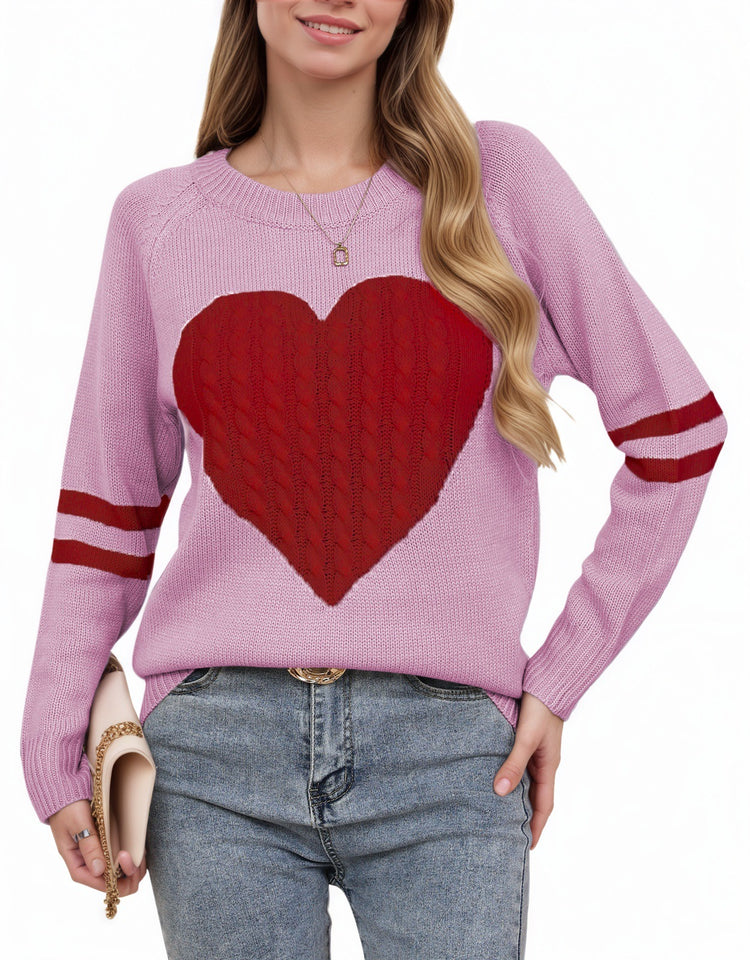 Women's Heart-shaped Jacquard Knitted Round Neck Sweater Top