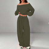 Women's Fashion Slim-fit Off-the-shoulder Navel Solid Color Casual Pants Suit