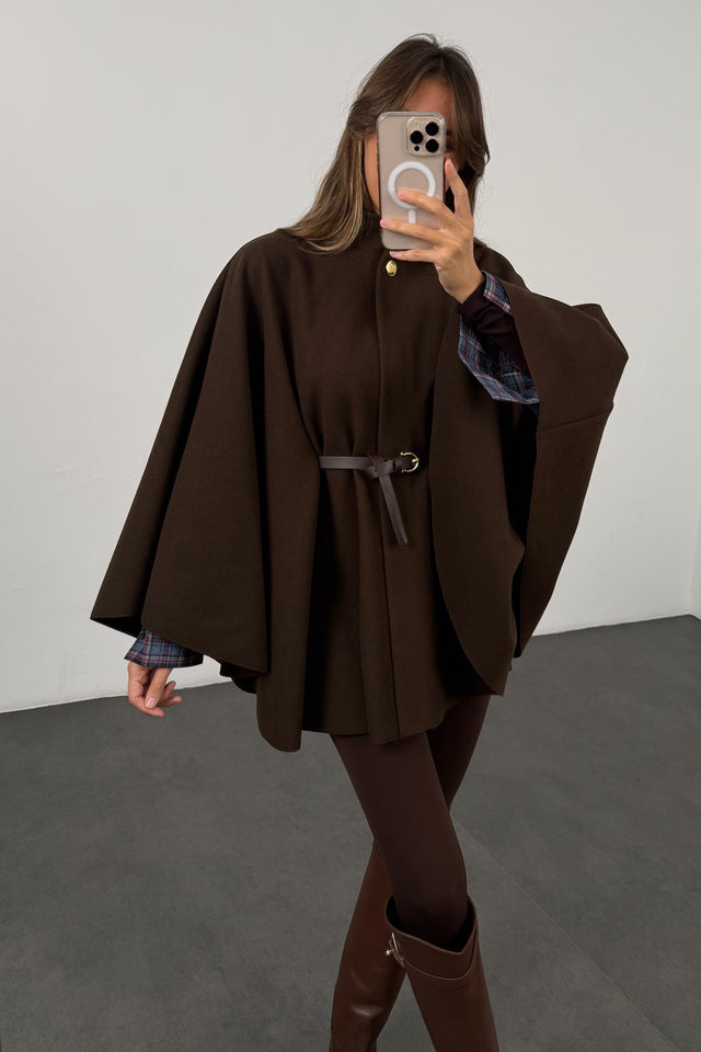 Winter Elegant Style Solid Color Waist Tight Woolen Cape Coat Mid-length
