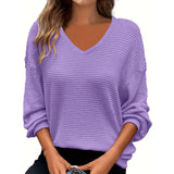 Plus Size Women's Casual V-Neck Pineapple Texture Knit Top Solid Color Long Sleeve Breathable Pullover For Spring Fall
