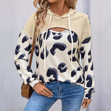 Simple Style Loose Leopard Print Stitching Fake Two-piece Hollow Hooded Sweater For Women