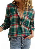 Women's V-neck Plaid Shirt Fashion Casual Shirt