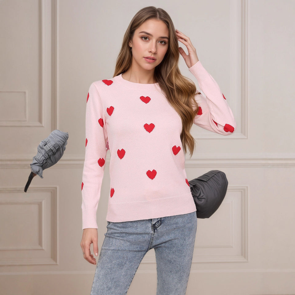 Women's Heart Jacquard Round Neck Pullover Sweater