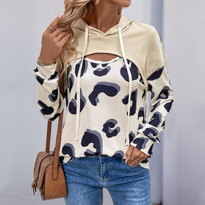 Simple Style Loose Leopard Print Stitching Fake Two-piece Hollow Hooded Sweater For Women