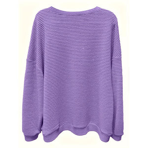 Plus Size Women's Casual V-Neck Pineapple Texture Knit Top Solid Color Long Sleeve Breathable Pullover For Spring Fall