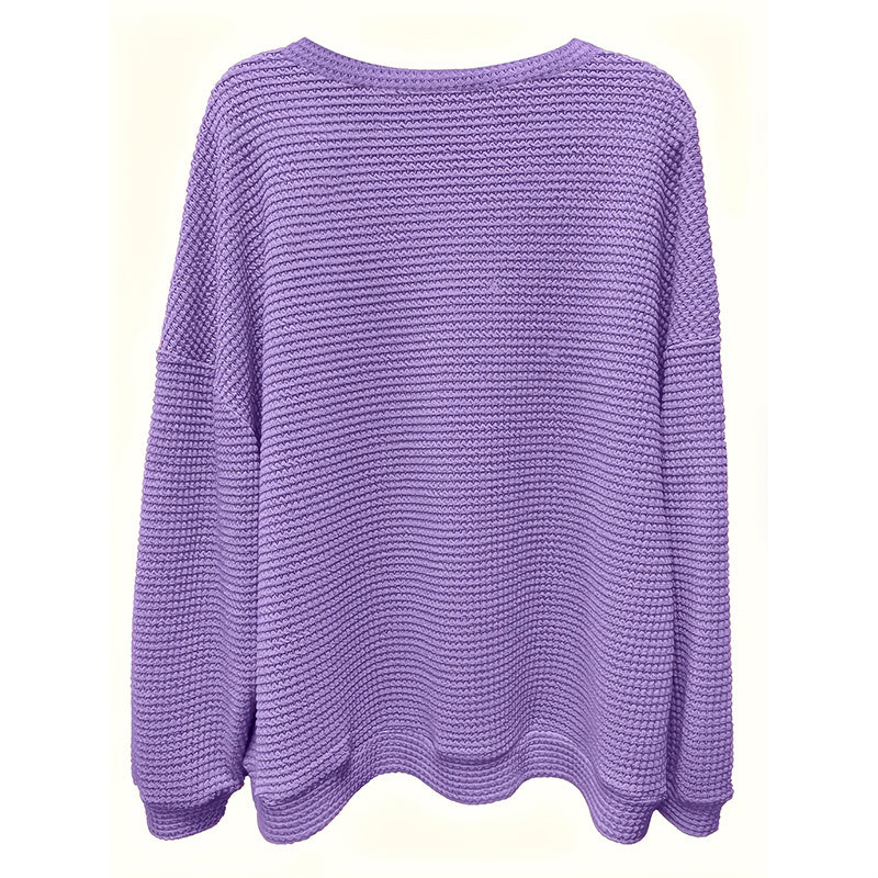 Plus Size Women's Casual V-Neck Pineapple Texture Knit Top Solid Color Long Sleeve Breathable Pullover For Spring Fall