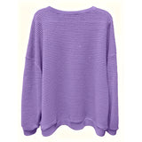 Plus Size Women's Casual V-Neck Pineapple Texture Knit Top Solid Color Long Sleeve Breathable Pullover For Spring Fall