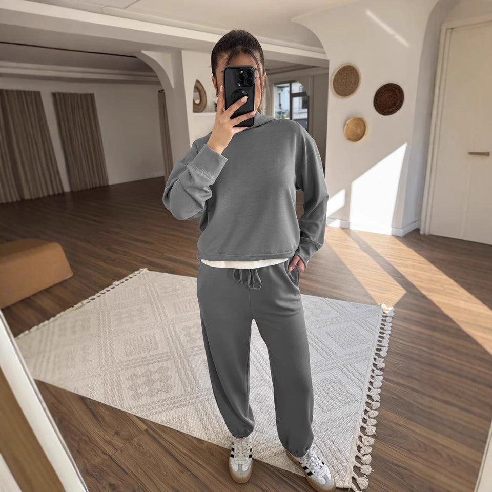 New Women's Solid Color Hooded Sweatshirt Two Pieces