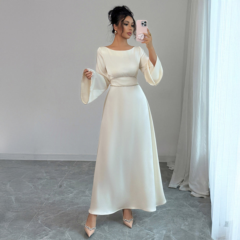 Elegant Graceful Style Waist Solid Color Long Sleeve Dress