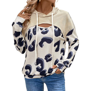 Simple Style Loose Leopard Print Stitching Fake Two-piece Hollow Hooded Sweater For Women