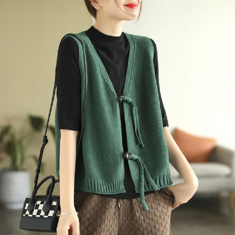 Retro Style Green Buckle Chinese Style Vest Coat