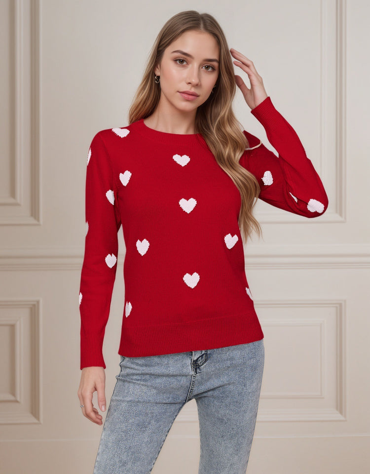 Women's Heart Jacquard Round Neck Pullover Sweater