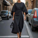 Plus Size Women's Elegant Solid Color Round Neck Mid-Sleeve Maxi Dress Waist-Defining Pleated Design For Office, Party, Wedding Guest