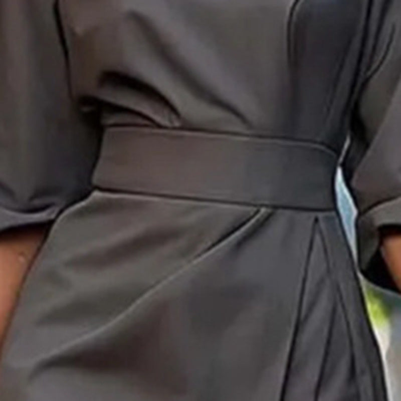 Plus Size Women's Elegant Solid Color Round Neck Mid-Sleeve Maxi Dress Waist-Defining Pleated Design For Office, Party, Wedding Guest