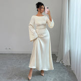 Elegant Graceful Style Waist Solid Color Long Sleeve Dress