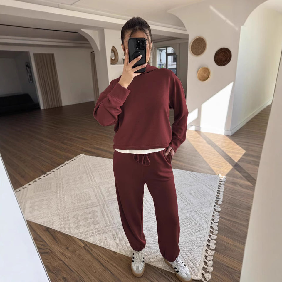 New Women's Solid Color Hooded Sweatshirt Two Pieces