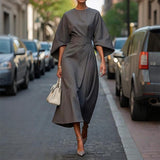 Plus Size Women's Elegant Solid Color Round Neck Mid-Sleeve Maxi Dress Waist-Defining Pleated Design For Office, Party, Wedding Guest