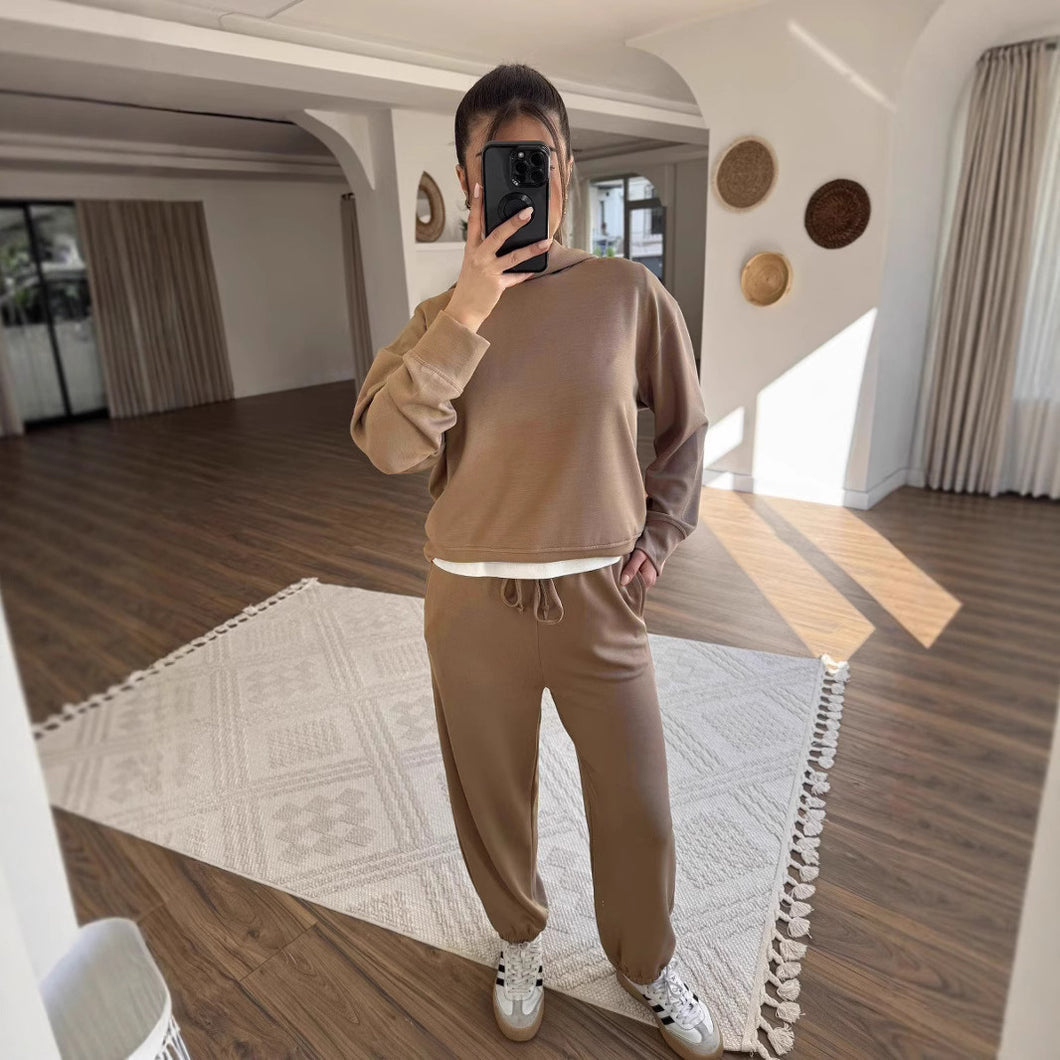 New Women's Solid Color Hooded Sweatshirt Two Pieces