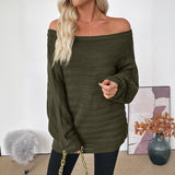 Casual Lightly Mature Loose Horizontal Striped Off-shoulder Green Sweater For Women