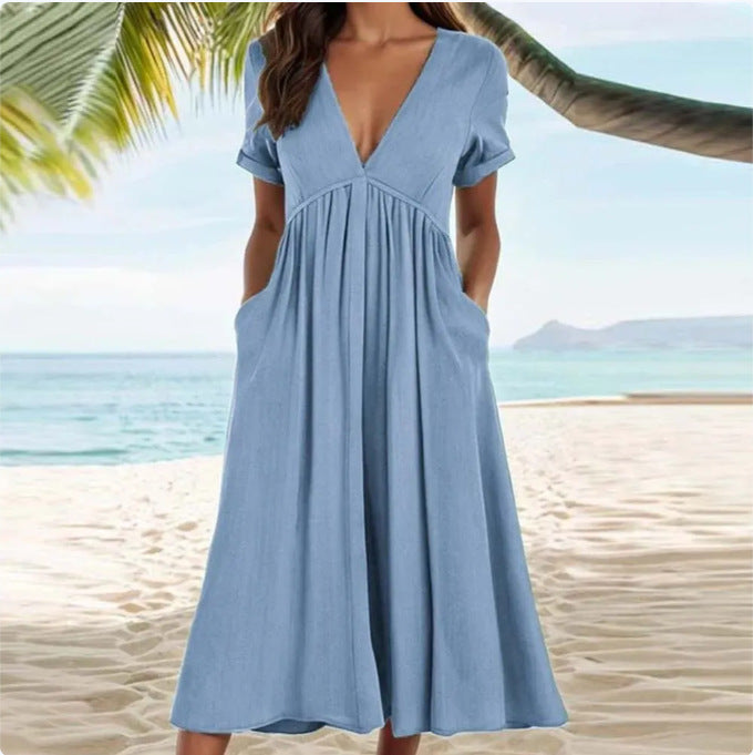 Spring And Summer Solid Color Short-sleeved Cotton And Linen Large Swing Waist Dress