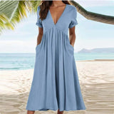 Spring And Summer Solid Color Short-sleeved Cotton And Linen Large Swing Waist Dress