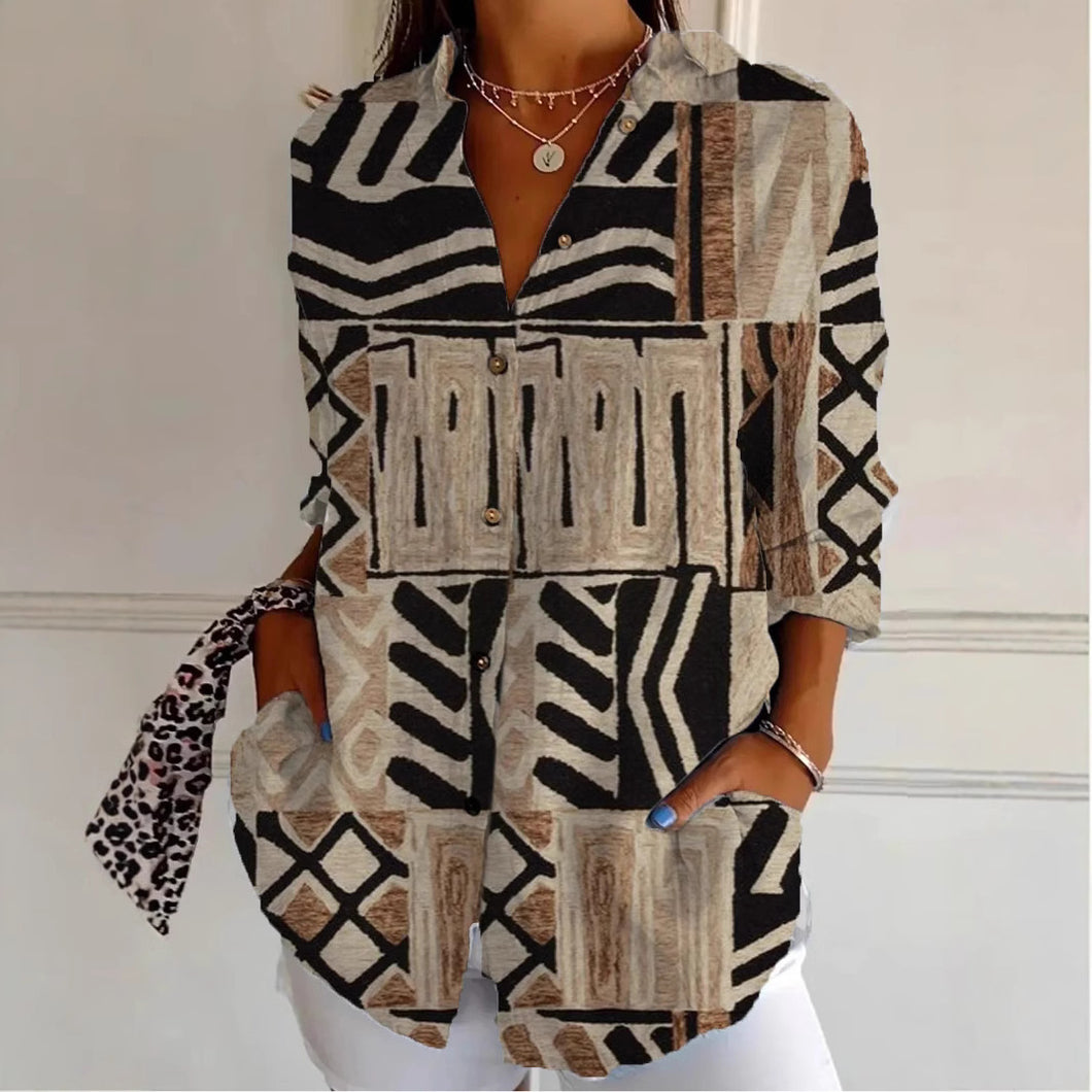 Creative Loose Print Women's Long-sleeved Button Shirt