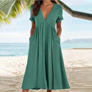 Spring And Summer Solid Color Short-sleeved Cotton And Linen Large Swing Waist Dress