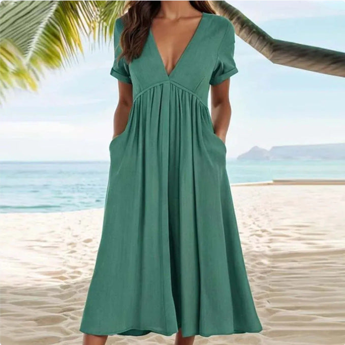 Spring And Summer Solid Color Short-sleeved Cotton And Linen Large Swing Waist Dress