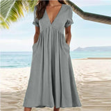 Spring And Summer Solid Color Short-sleeved Cotton And Linen Large Swing Waist Dress
