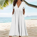 Spring And Summer Solid Color Short-sleeved Cotton And Linen Large Swing Waist Dress