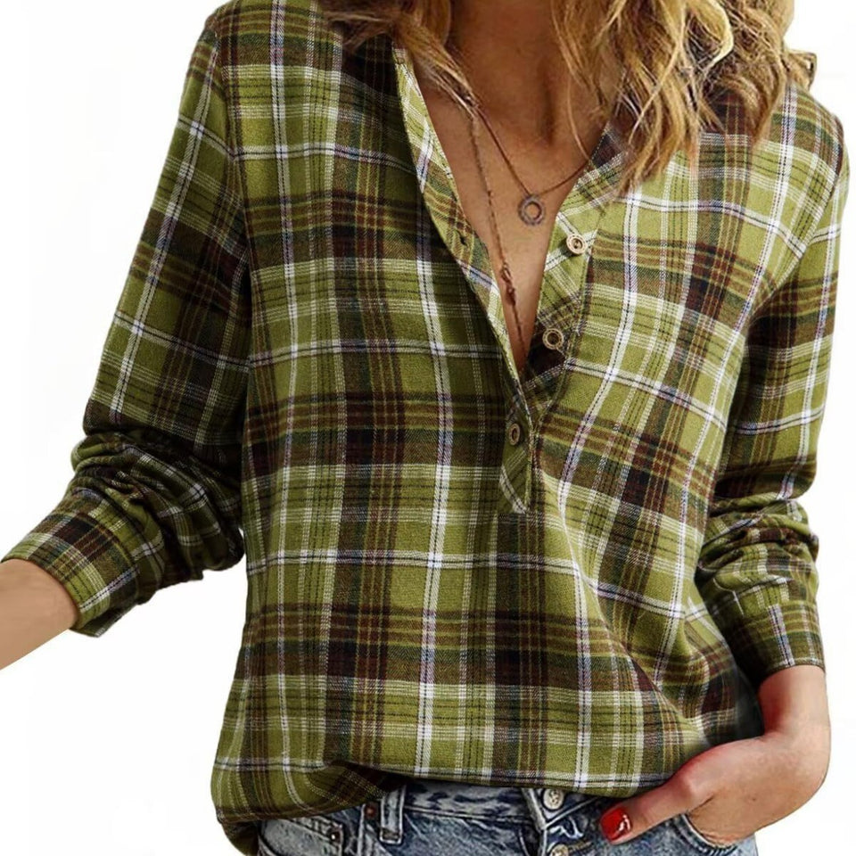 Women's V-neck Plaid Shirt Fashion Casual Shirt