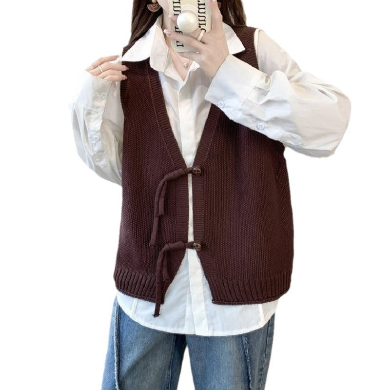 Retro Style Green Buckle Chinese Style Vest Coat