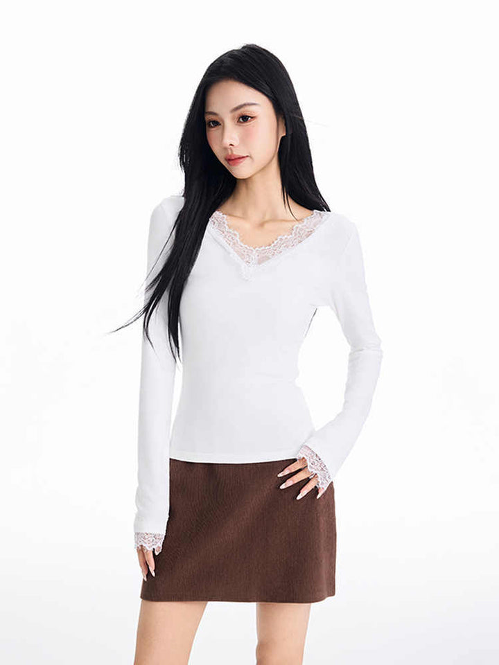 Pure Desire Style Lace V-neck Patchwork Long-sleeved T-shirt For Women