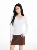 Pure Desire Style Lace V-neck Patchwork Long-sleeved T-shirt For Women