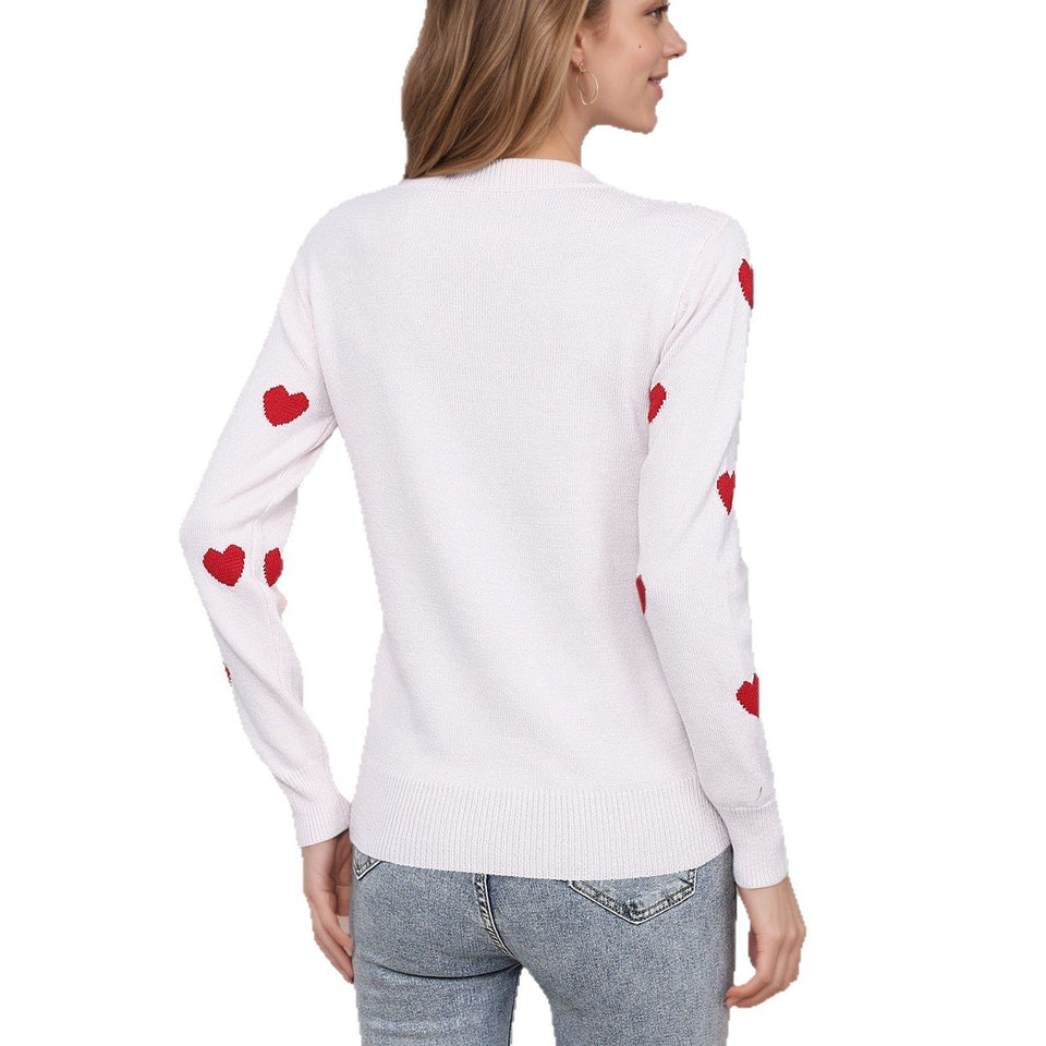 Women's Heart Jacquard Round Neck Pullover Sweater