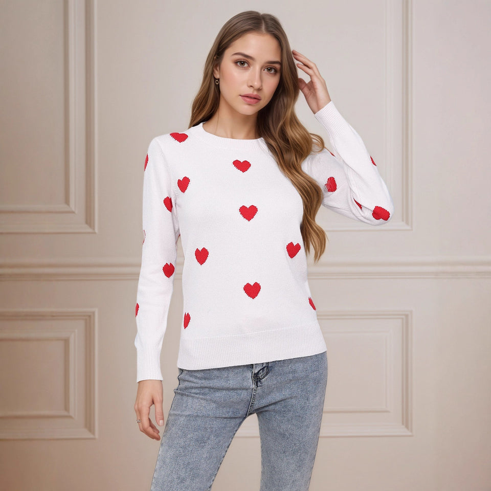 Women's Heart Jacquard Round Neck Pullover Sweater
