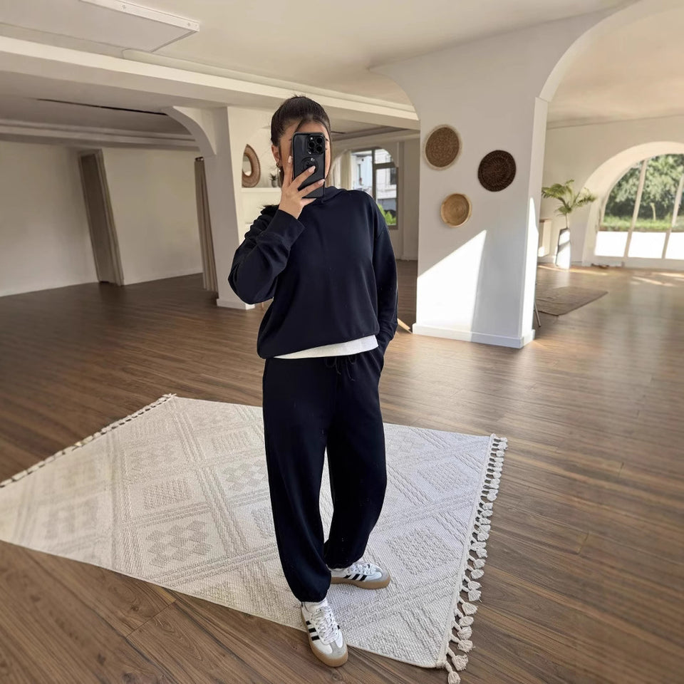 New Women's Solid Color Hooded Sweatshirt Two Pieces