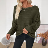 Casual Lightly Mature Loose Horizontal Striped Off-shoulder Green Sweater For Women